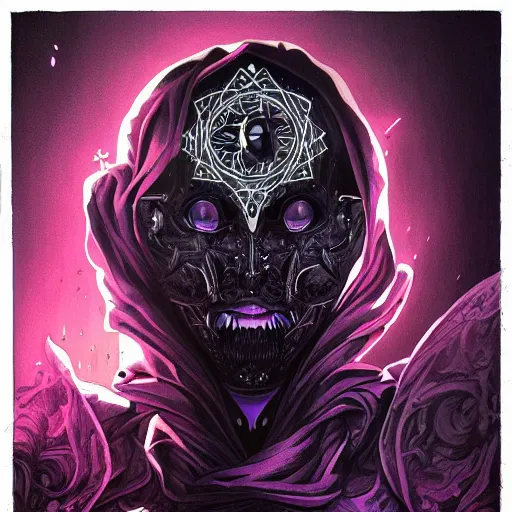 Image similar to vantablack occultist, pitchblack mask, beautiful, detailed symmetrical close - up portrait, intricate complexity, in the style of artgerm and peter mohrbacher, cel - shaded, purple tones