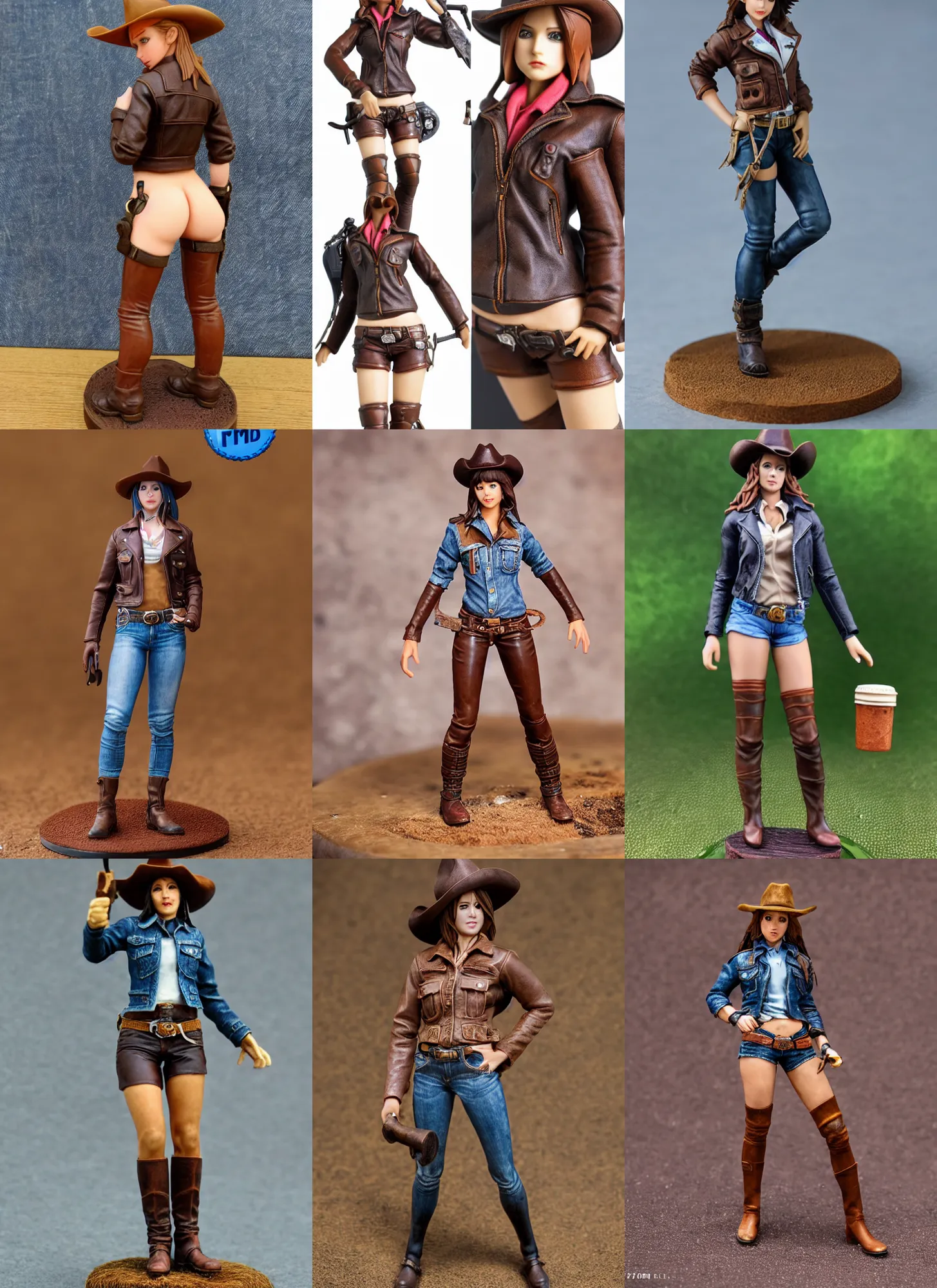 Prompt: 80mm resin detailed miniature of a cow girl, Short brown leather jacket, denim hot-pants, thigh skin, ten-gallon hat, on textured disc base; Miniature product Introduction Photos, 4K, Full body
