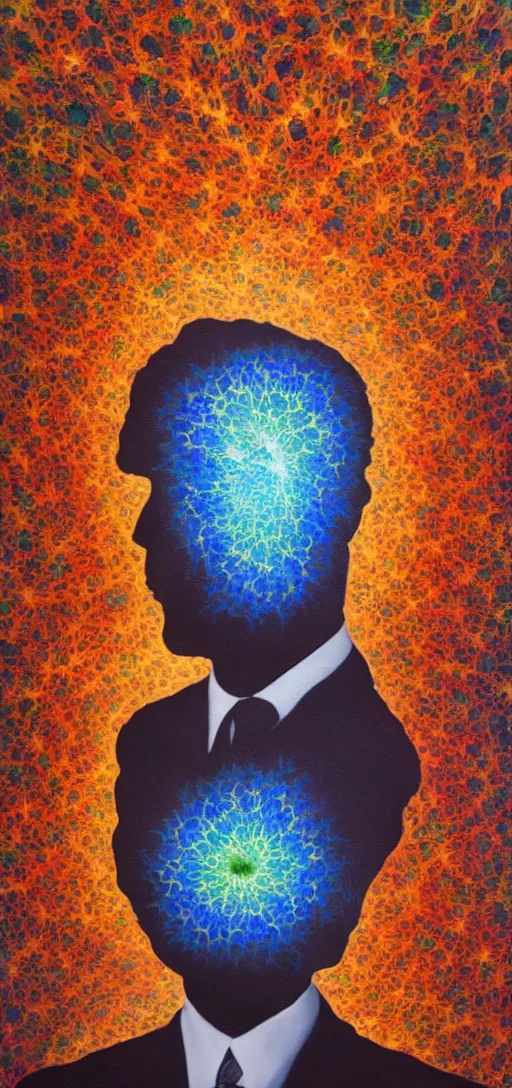 Image similar to oil painting of man in suit with mandelbrot fractal as head