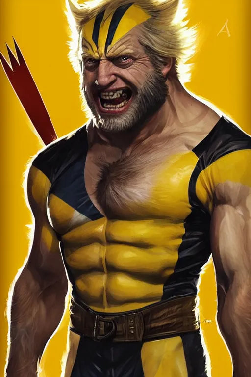 Image similar to Boris Johnson as Wolverine, claws are up, yellow X-man costume, portrait, masculine figure, highly detailed, digital painting, artstation, concept art, smooth, sharp focus, illustration, cinematic lighting, art by artgerm and greg rutkowski and alphonse mucha