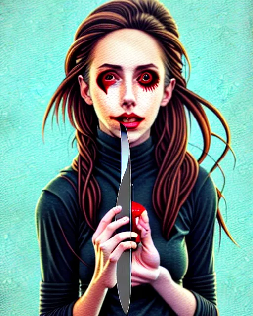 Image similar to loish, artgerm, Joshua Middleton art, Rafeal Albuquerque, pretty Alison Brie serial killer holding bloody knife in right hand realistic hand, blood on clothes and face, sarcastic smile, symmetrical eyes, symmetrical face, jean jacket, jeans, short blonde hair, middle shot, night time, deep blacks