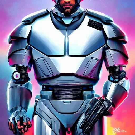 Image similar to dwayne johnson is robocop, digital painting, artstation, ristan eaton, victo ngai, artgerm, rhads, ross draws, anime styled