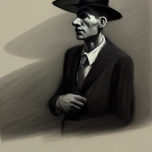 Prompt: charcoal drawing portrait of a man in suit by edward hopper and darek zabrocki and greg ruthkowski, rembrandt and raphael, simon stalenhag and cinematic and atmospheric, concept art, artstation, trending on artstation