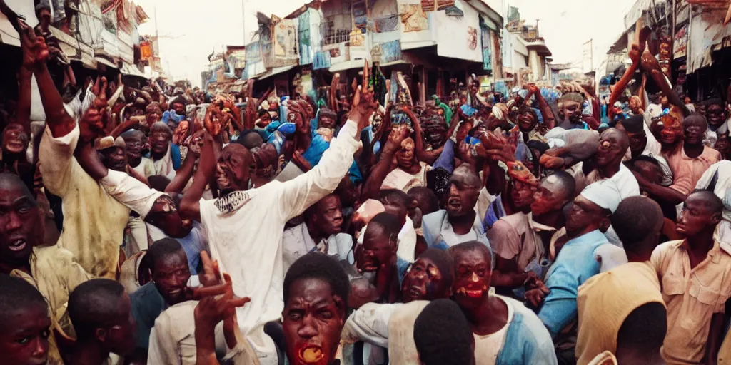 Image similar to crowd in african town performing mob justice on a photorealistic squidward, mangled blood and bone, cinestill 8 0 0 t