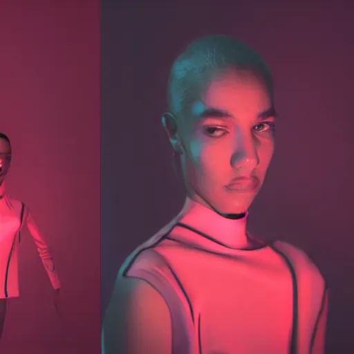 Prompt: realistic photoshooting for a new balenciaga lookbook, color film photography, portrait of a beautiful woman, swirly bokeh. red neon lights and glow in the background, hyper realistic and detailed, by photo in style of tyler mitchell, wes anderson, julia hetta, tim walker, petra collins, 3 5 mm,