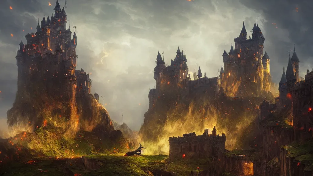 Image similar to a dragon attacking a castle, medieval city background, dramatic light, gorgeous view, depth, high detail, volumetric lighting, by greg rutkowski, trending on artstation, complementary colors, highly detailed, 8 k matte painting, cinematic lighting, by marc simonetti, by chris cold, by vladimir manyukhin, octane render