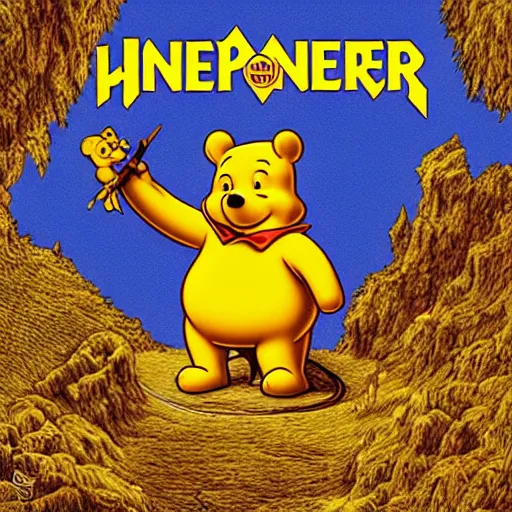 Image similar to winnie the poo on iron maiden album cover, 8 k resolution hyperdetailed photorealism