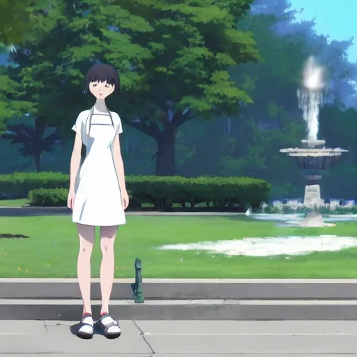 Prompt: a beautiful full body portrait of a young woman wearing a white apron standing in front of a fountain in a park, makoto shinkai, james gilleard, very detailed, matte, gaussian blur, tone mapped William-Adolphe