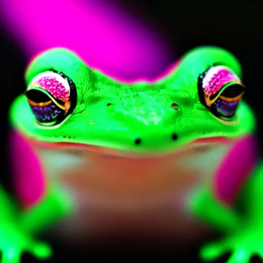 Prompt: macro photo of a neon pink frog