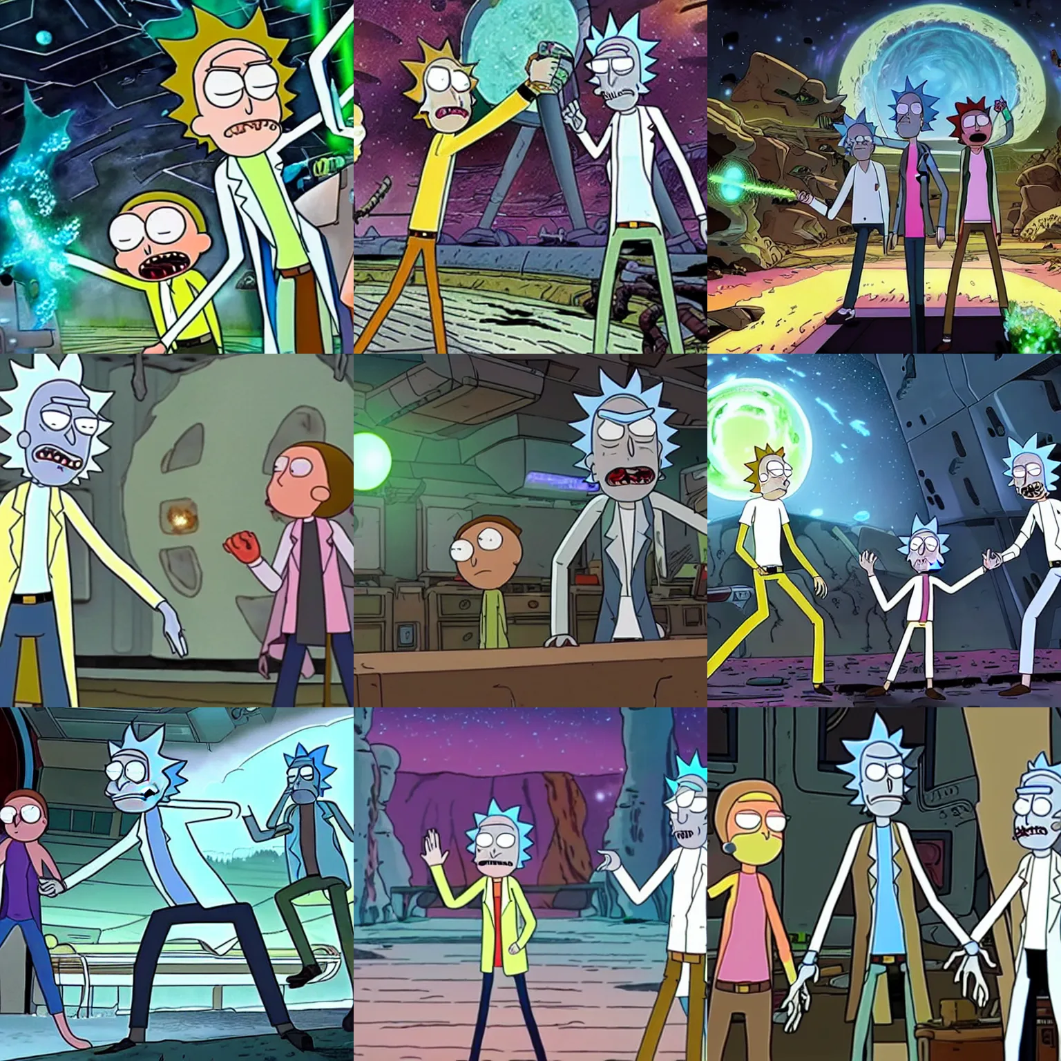 Prompt: Rick and morty fight the borg in live action sci-Fi film. Production still.