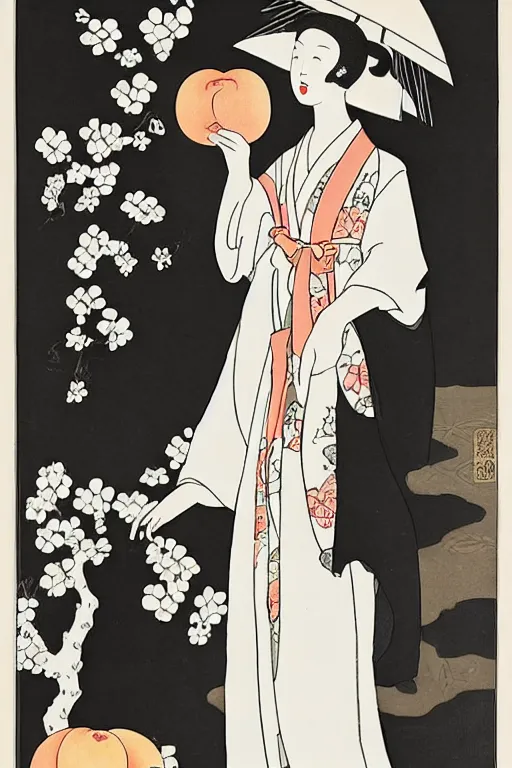 Prompt: portrait of a girl wearing a kimono giving a peach to a large anthropomorphic asian black bear, in the style of aubrey beardsley