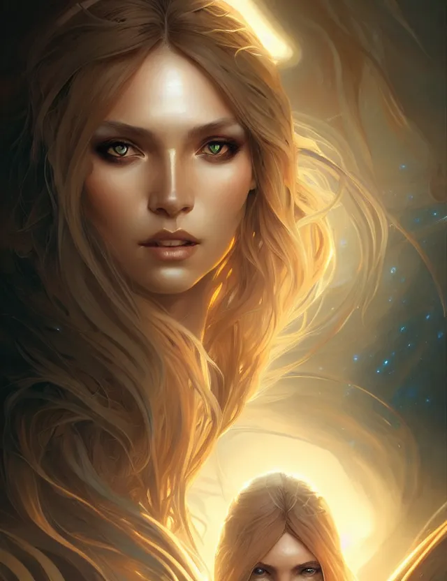 Image similar to futuristic woman portrait, sci-fi, amber eyes, face, long hair, fantasy, intricate, elegant, highly detailed, digital painting, artstation, concept art, smooth, sharp focus, illustration, art by artgerm and greg rutkowski and alphonse mucha