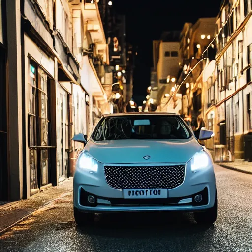 Image similar to a car bu driving down a street next to small buildings the night, XF IQ4, f/1.4, ISO 3200, 1/10s, 8K, RAW, unedited, symmetrical balance, in-frame, sharpened