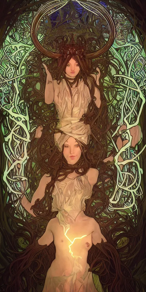 Prompt: bioluminescent glowing pagan god with horns in very dark forest by artgerm and alphonse mucha, portrait, fantasy, clear, light beams, lens flare, intense, uhd, amazing depth, cinematic lighting