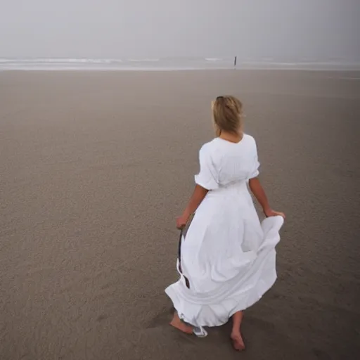 Image similar to lonely wonderful lady with a white large magnificent more and more vaporous ,wrapped ,hight decorated,detailed ,white roses cotton dress is moving in the sand near the ocean, during lightning storm, her face is visible , 8k