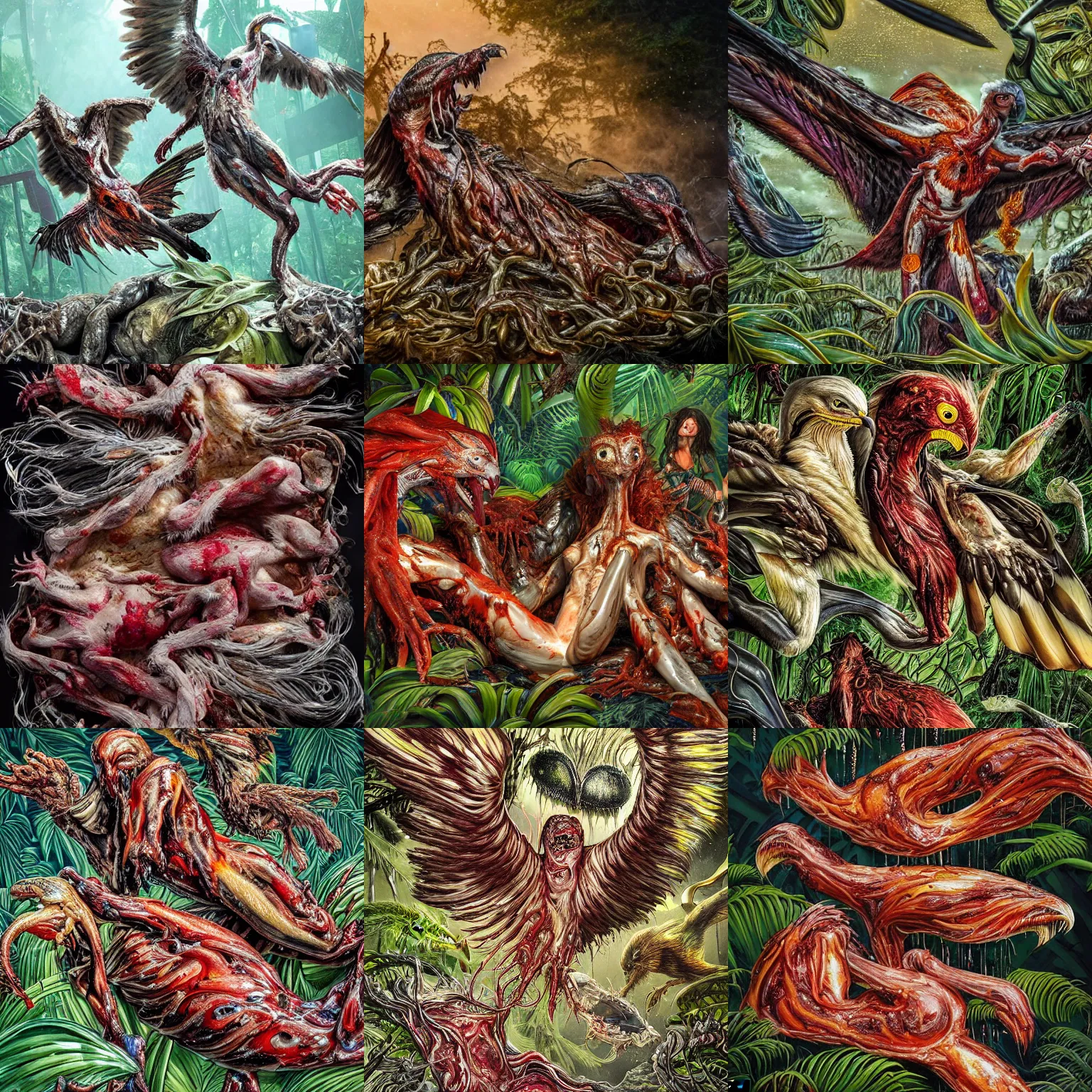 Prompt: an ultra-detailed high-quality hyper-realistic photo of birds of prey melting together, forming a massive livid amorphous mass of blood-oozing body horror composed of random limbs, translucent and slimy flesh, patches of fur, eyes, teeth, talons, and intestines falling out and slithering, in a deep lush jungle at night, hazy atmosphere