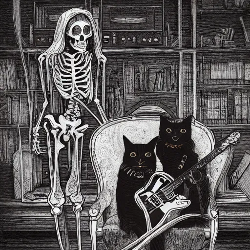 Image similar to skeleton wearing headphones, watching girl playing guitar while her black cat standing next to her, detailed intricate ink illustration, dark atmosphere, detailed illustration, hd, 4k, digital art, overdetailed art, by greg rutkowski, by loish, complementing colors, Trending on artstation