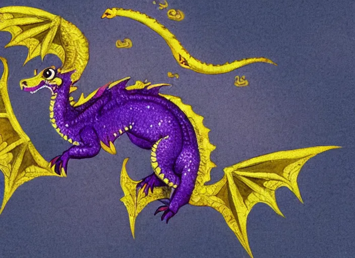 Prompt: A tiny cute purple and gold dragon lays down on its back, cute dragon looking up relaxing