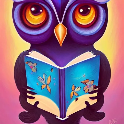 Prompt: a painting of an owl with a book in its hands, an airbrush painting by jeremiah ketner, behance contest winner, pop surrealism, storybook illustration, tarot card, lovecraftian