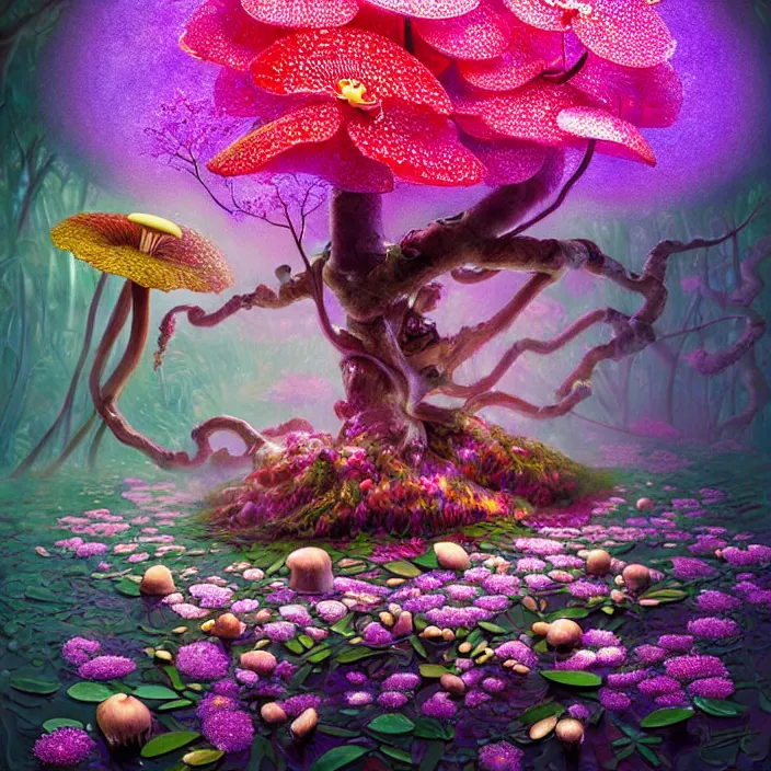 Image similar to extremely psychedelic system made of orchid and cherry blossom tree and mushroom, LSD matrix, diffuse lighting, fantasy, intricate, elegant, highly detailed, lifelike, photorealistic, digital painting, artstation, illustration, concept art, smooth, sharp focus, art by John Collier and Albert Aublet and Krenz Cushart and Artem Demura and Alphonse Mucha