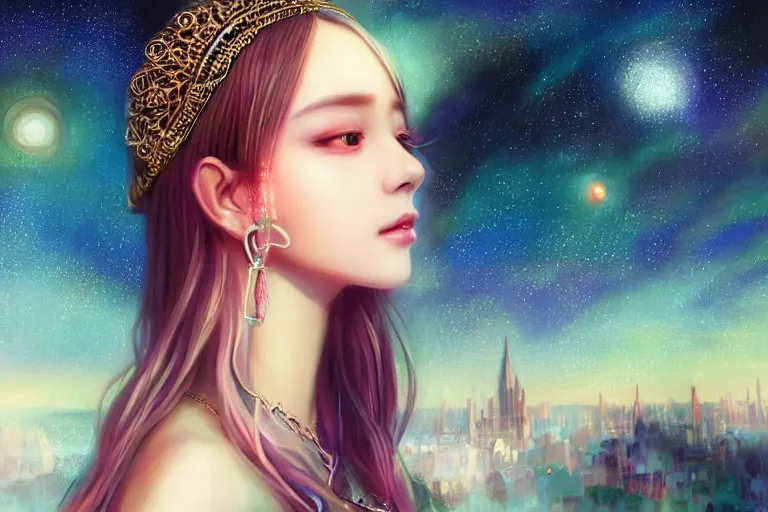 Prompt: masterpiece portrait charming and miracle female luxury astromancer boho accessories in dreamlike movie, kpop, miracle, uhd, medium long shot, fantasy, big major starry sky and city in background, twlight, no distorsion, sharp focus, high detailed face, art by artgerm, greg rutkowski, sasoura, satchely,