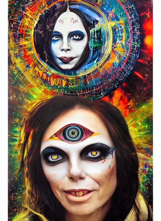 Prompt: collage of gorgeous magic cult psychic woman smiling, third eye, energetic consciousness psychedelic, epic surrealism expressionism symbolism, story telling, iconic, dark robed, oil painting, symmetrical face, dark myth mythos, by Sandra Chevrier, Noriyoshi Ohrai masterpiece cutout layering