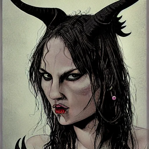Prompt: portrait of a female demon with horns, by tim bradstreet