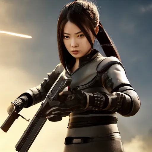 Image similar to a female android martial-artist/mercenary holding a rifle Photorealistic HD 8k highlights and shadow detailed High Resolution