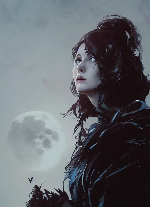 Image similar to portrait of Anna Millerstone as a Dark evil witch, big moon in the background, dramatic lighting, illustration by Greg rutkowski, yoji shinkawa, 4k, realistic photo art, concept art, trending on artstation