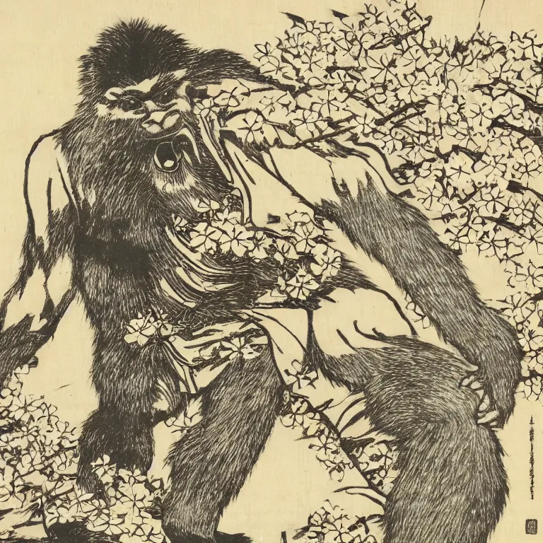 Image similar to a japanese woodblock print of bigfoot riding a motorcycle with cherry blossoms