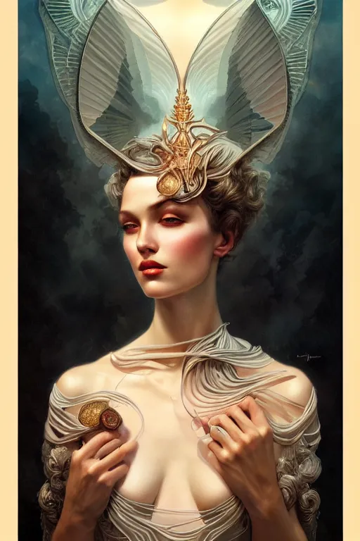 Image similar to a beautiful hyperrealistic portrait pose of a stunning Art Deco model in a sunbeam, intricate, elegant, highly detailed, smooth, sharp focus, award-winning, masterpiece, in the style of Tom Bagshaw, Cedric Peyravernay, Peter Mohrbacher