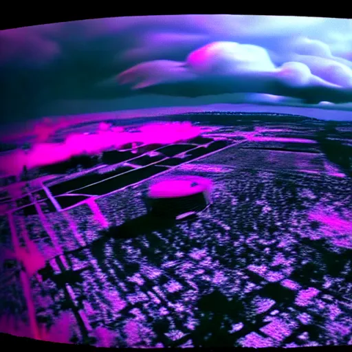 Prompt: combat drone strike war footage, ir, chromatic aberration!!!!!!!!!!!, broken camera colors, iridescent!!!!!!!!! saturated infrared camera, very high contrast, nuclear cloud, high angle vertical, inversed color, clouds, jpeg compression