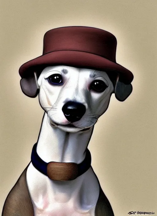 Prompt: cute whippet puppy wearing a trilby hat, natural lighting, path traced, highly detailed, high quality, digital painting, by don bluth and ross tran and studio ghibli and alphonse mucha, artgerm