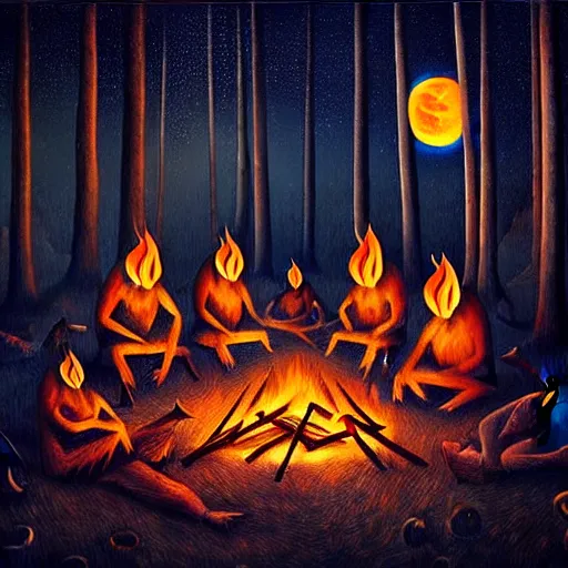 Image similar to strange mythical beasts of sitting around a fire under a full moon, surreal dark uncanny painting by ronny khalil