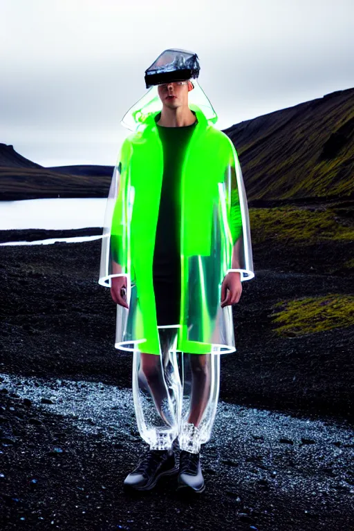 Image similar to an ultra high definition professional high fashion portrait studio full length photograph of a male model wearing a transparent pearlescent raincoat and neon visor in an icelandic black rock environment at dawn. no artefacts. extremely detailed. stark. refraction. shallow depth of field. volumetric light and shadow. ray tracing. light rays.