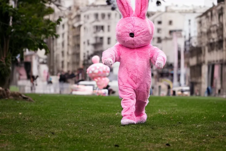 Image similar to Tom Cruise, wearing a pink rabbit costume, portrait photography, depth of field, bokeh