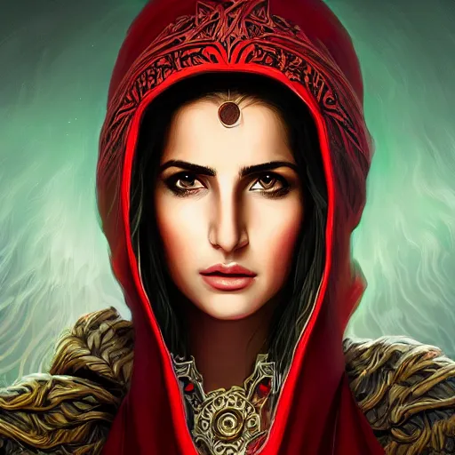 Prompt: head-on centered symmetrical painted portrait, Katrina Kaif as a D&D Storm Sorcerer, hood, intricate fantasy red robes, fantasy, intricate, elegant, highly detailed, digital painting, smooth, sharp focus, illustration, dramatic lighting, artstation, in the style of Artgerm and Anna Podedworna and Alex Ross
