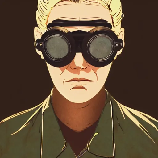 Image similar to tattooed stoic heroic emotionless dirty butch blonde woman mechanic with very short slicked - back hair, wearing dark - lensed victorian goggles, wearing distressed dirty ripped flight suit, moebius, rough paper, smooth median photoshop filter cutout vector, behance hd by jesper ejsing, by rhads, makoto shinkai and ron cobb.