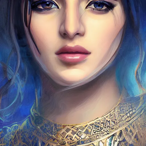 Image similar to Beautiful Arab Ameera Al taweel, blue eyes, leather, portrait, fantasy, medieval, oil colors, elegant, concept art, sharp focus, beautiful face, digital art, Hyper-realistic, 4K, Unreal Engine, Highly Detailed, HD, Dramatic Lighting by Brom, by beeple, studio ghibli, wallpaper, highly detailed, trending on artstation