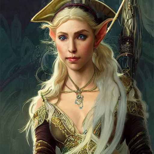 Image similar to a stunningly detailed portrait of a female elf as a pirate captain, intricate, elegant, highly detailed, digital painting, artstation, concept art, sharp focus, illustration, art by greg rutkowski and alphonse mucha