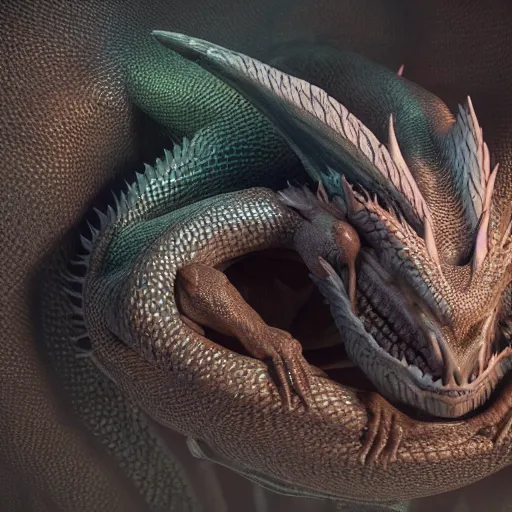 Image similar to 8 k hd detailed octane render of a dragon guarding her eggs