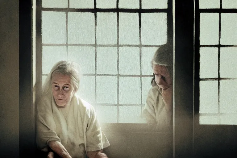 Prompt: a cinematic painting of an old female prisoner inside of jail cell, looking through a steamed up glass window, beautiful lighting, high depth, ultra realistic, artistic, by annie leibovitz, by gregory crewdson