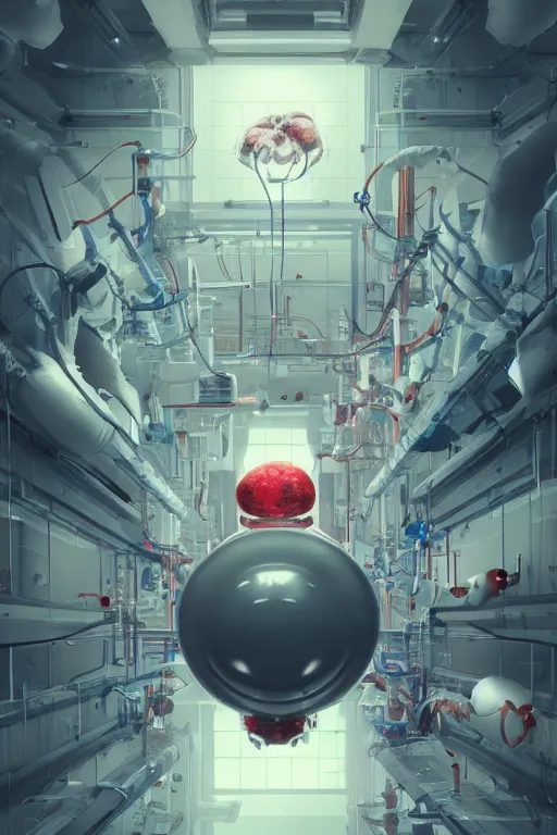 Image similar to top view mechanics scientist in lab facility looking at bloody mickey mouse head lifted by claw,, made by beeple, cgsociety, artgerm, greg rutkowski, highly detailed intricate 4 k art, low light cinematic, octane render, unreal engine, smooth concept art