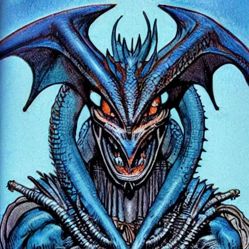 Prompt: head and shoulders portrait of a medieval d & d fantasy anthropomorphic blue dragon - headed sorcerer, comic book cover art by hr giger and frank miller