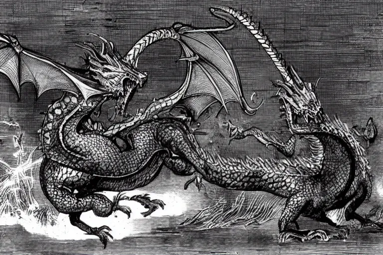 Image similar to very old photo of a dragon attacking the medieval