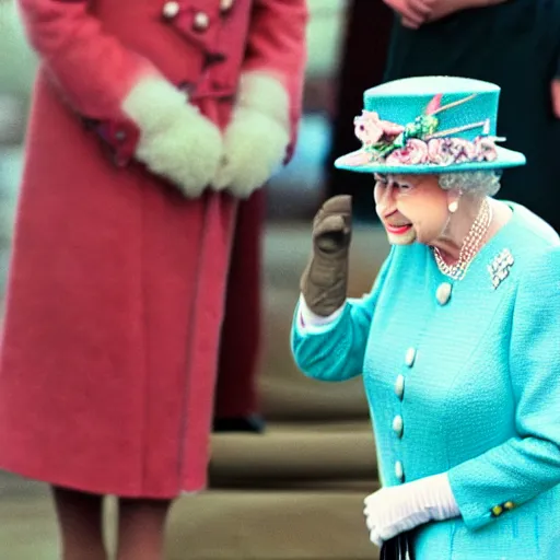 Prompt: Queen Elizabeth with giant hands holding a teacup