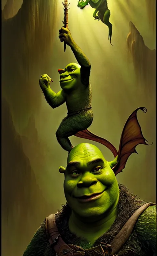 Image similar to shrek dragon gorgeous lighting by weta studio, mucha, bautista and norman rockwell and greg rutkowski and tom bagshaw and james gurney and lucasfilm