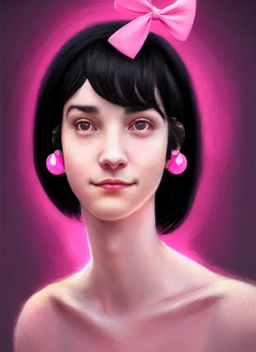 Image similar to portrait of high school girl, realistic, black hair, bangs, half updo hairstyle, pointy nose, skinny, smile, ugly, defined jawline, big chin, pink hair bow, earrings, intricate, elegant, glowing lights, highly detailed, digital painting, artstation, sharp focus, illustration, art by wlop, mars ravelo and greg rutkowski