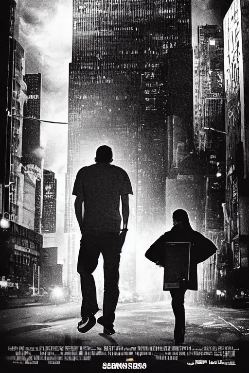 Prompt: an award - winning movie poster for a movie called senor featuring a junkie making a payphone call in a thunderstorm in queens at night in the 1 9 9 0 s with the new york city skyline in the distance