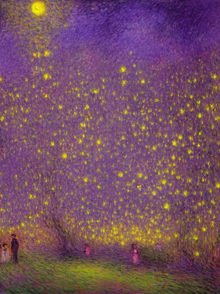Prompt: gauzy twilight impressionist painting of fireflies in my backyard with an old apple tree waving to the left in a purple cast with people! dancing in the moonlight, moon in right of sky, very urban, intense purplish color oil painting by claude monet and piet mondrian, cosmic trending on artstation 8 k